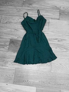 She + Sky Teal Lace-Texture Mini Slip Dress with Tie Waist
